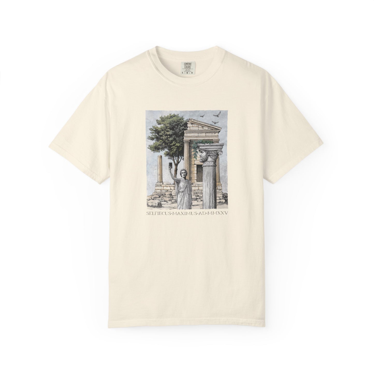 Front view of an off-white relaxed fit funny history t-shirt featuring a vintage-style Roman ruins illustration with a statue taking a selfie and Latin-style text beneath.
