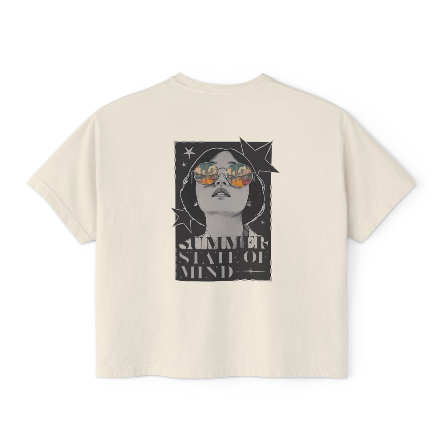 Alt text: Back of a trendy graphic t shirt featuring a bold retro-style illustration of a woman in sunglasses with a summer sunset reflection and "SUMMER STATE OF MIND" lettering