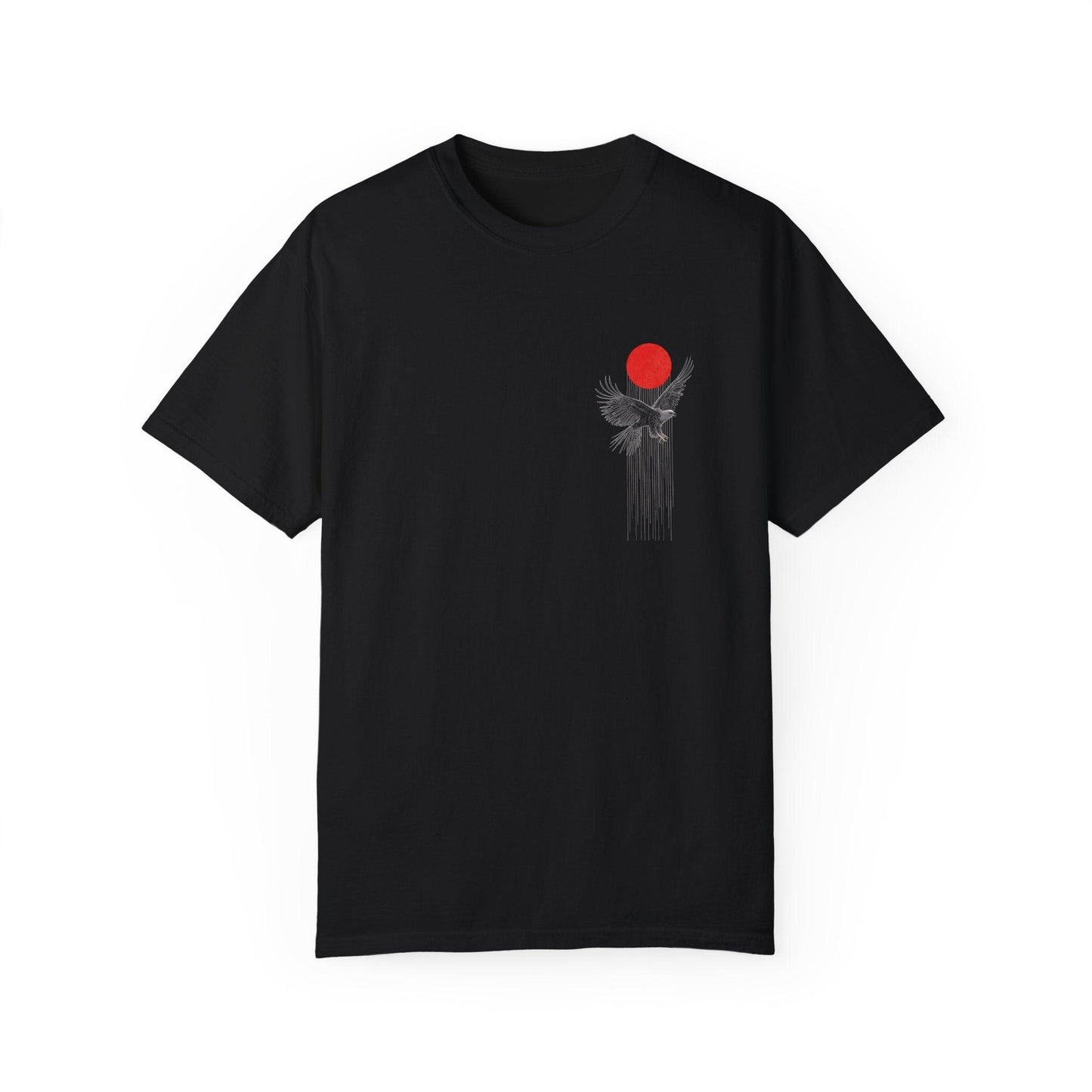A black graphic t shirt showing a big eagle graphic shirts design on the back, with a red sun and lines that look like a cage. It’s a striking black and red graphic tee that feels powerful and free.