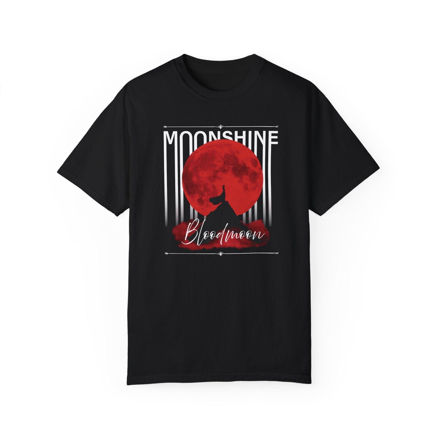 A black graphic t-shirt featuring a bold red moon design with a female silhouette against a blood moon, surrounded by the text “MOONSHINE” and “Bloodmoon”. Perfect for fans of gothic streetwear, this moon t-shirt captures the mystical vibe of the moon with the celestial aesthetic of a t-shirt.