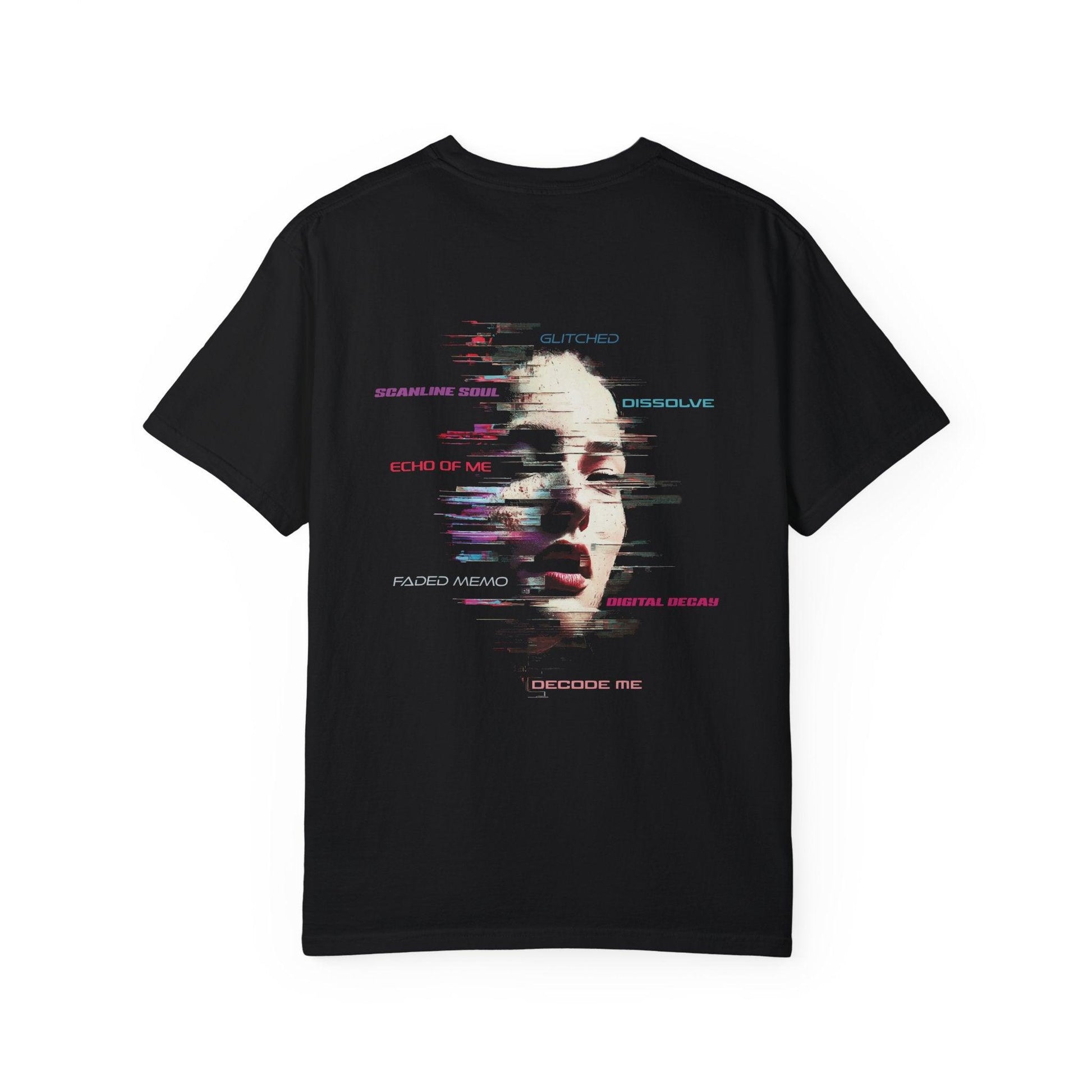 Black streetwear shirt with large futuristic face graphics in glitch art fashion style, enhanced with texts referring to cyberpunk streetwear.