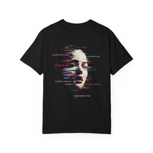 Black streetwear shirt with large futuristic face graphics in glitch art fashion style, enhanced with texts referring to cyberpunk streetwear.
