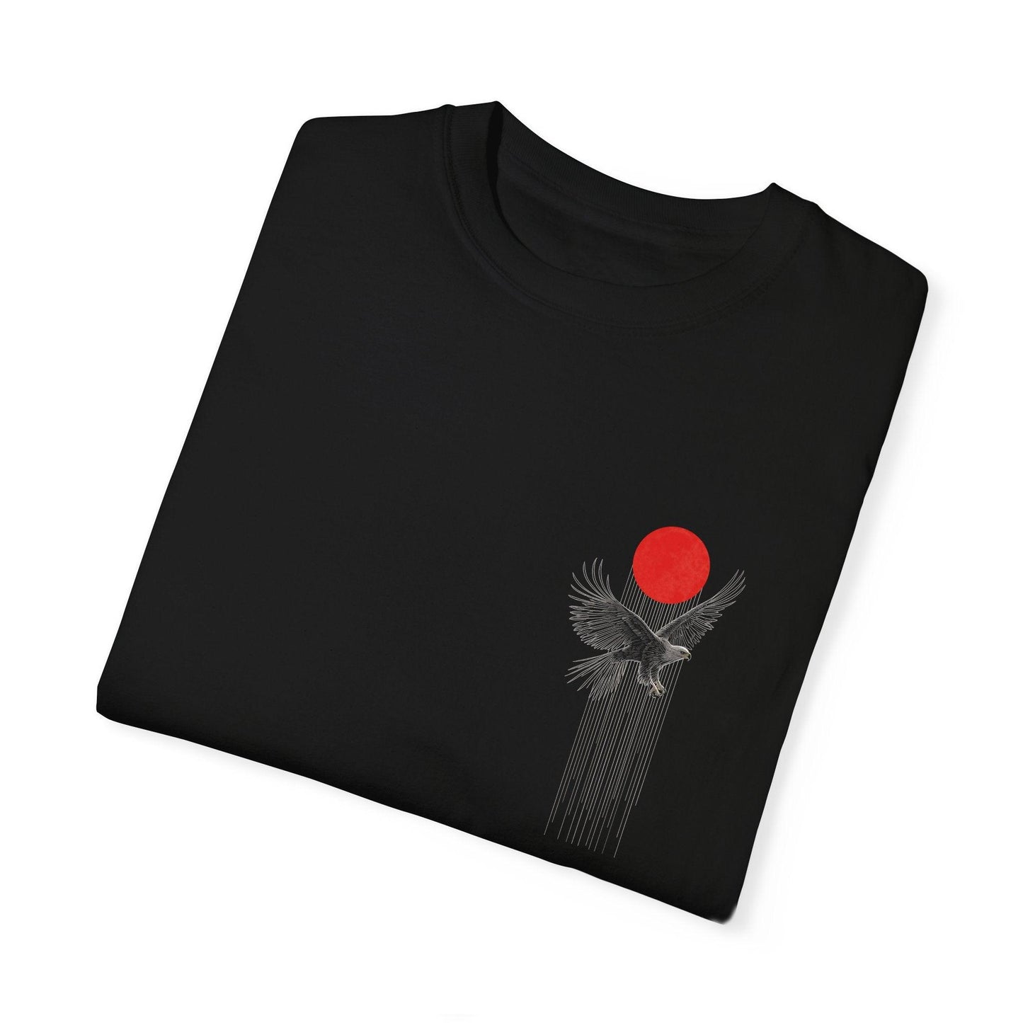 A folded black graphic t shirt with a small eagle graphic shirts design on the front, featuring an eagle by a red sun with neat lines. It’s a stylish graphic tees black piece for anyone who loves cool designs.