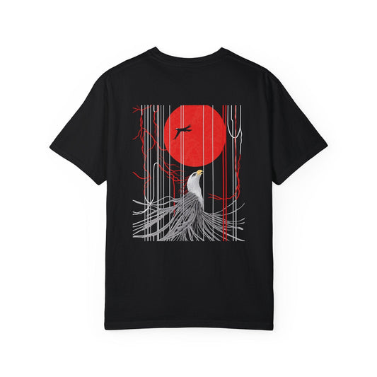 A black graphic t shirt with a small eagle graphic shirts design on the front, showing an eagle flying by a red sun with cool lines around it. It’s a great mens black graphic tees pick for a bold look.