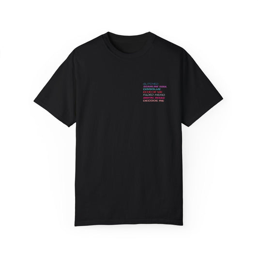 A black T-shirt with a minimalist text print on the chest, featuring futuristic fashions and glitch art fashion elements, perfect for styling a graphic tee.