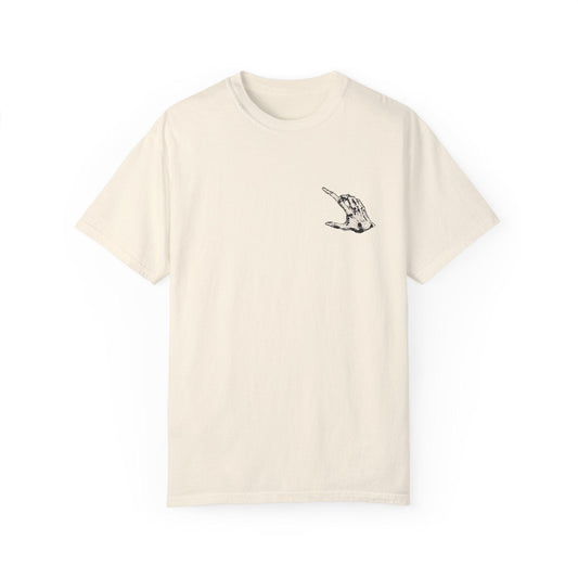 Front view of alternative emo style tee in yallternative style with small skeleton hand graphic on chest, representing different alt styles and subtle gothic clothing influence.